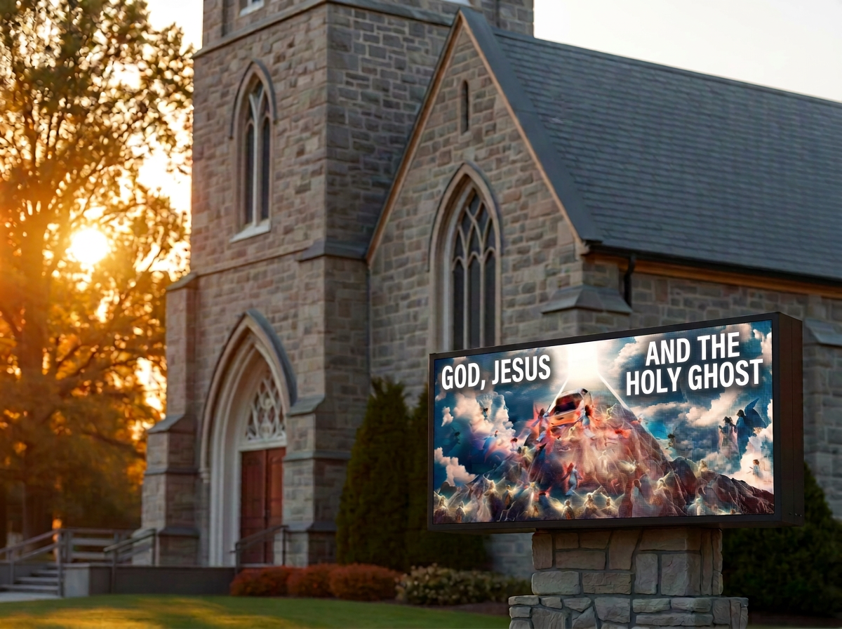 ABC LED outdoor church LED sign reading God, Jesus and The Holy Ghost