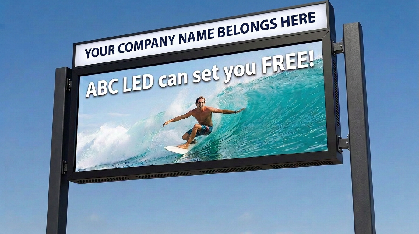 ABC LED billboard showing a happy surfer: ABC LED can set you FREE!
